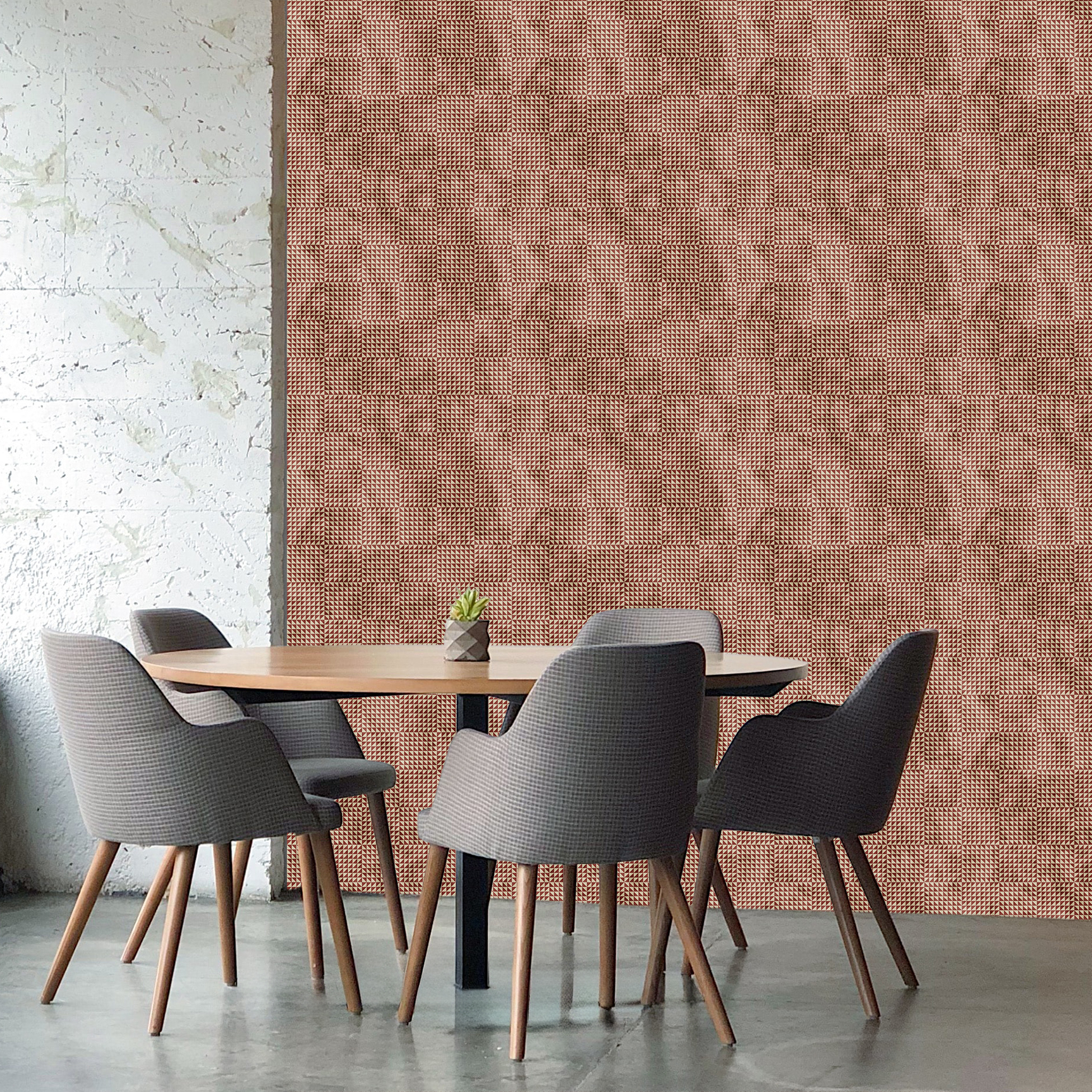 The artwork is a geometric composition featuring a symmetrical design dominated by diagonal stripes in shades of tan, rust and green. The central area is divided into four quadrants by two intersecting dark purple bands. Each quadrant contains diagonal stripes that create a chevron pattern, alternating between lavender and green hues. Vertical bands with circular motifs in black frame the central quadrants on the left and right sides. The outer edges are decorated with semicircular and triangular shapes, adding contrast with bold green and white patterns.The interplay of pastel colors and geometric forms gives the artwork a structured yet visually engaging appearance.