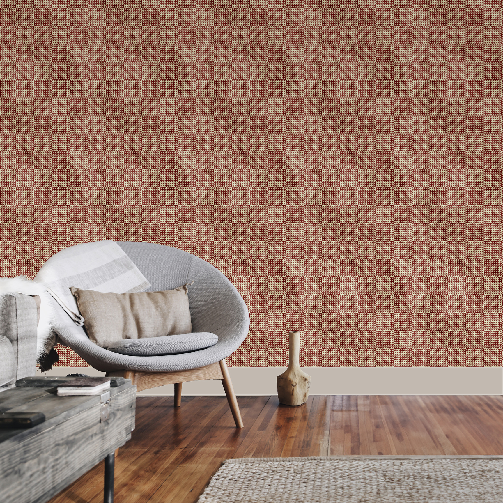 The artwork is a geometric composition featuring a symmetrical design dominated by diagonal stripes in shades of tan, rust and green. The central area is divided into four quadrants by two intersecting dark purple bands. Each quadrant contains diagonal stripes that create a chevron pattern, alternating between lavender and green hues. Vertical bands with circular motifs in black frame the central quadrants on the left and right sides. The outer edges are decorated with semicircular and triangular shapes, adding contrast with bold green and white patterns.The interplay of pastel colors and geometric forms gives the artwork a structured yet visually engaging appearance.