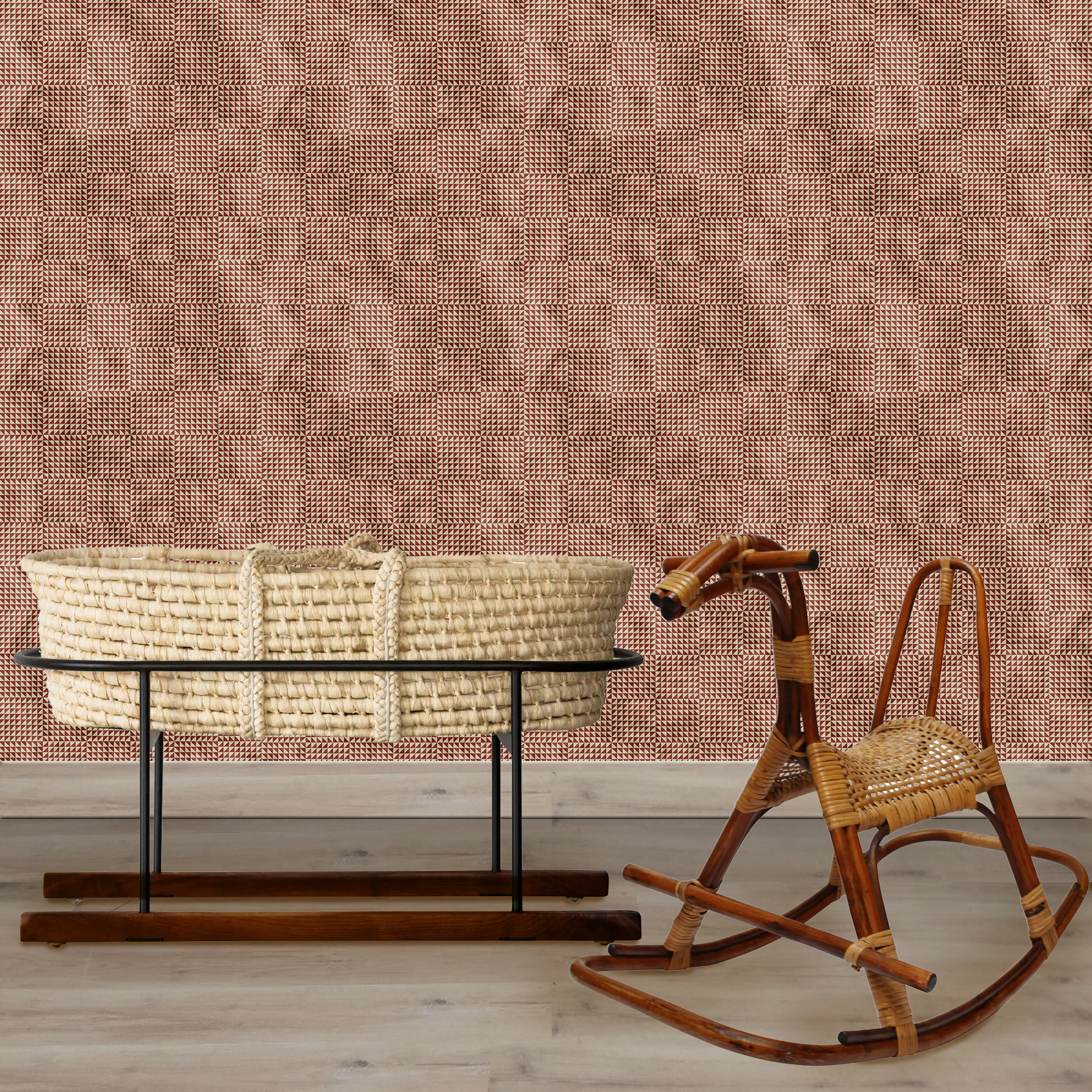 The artwork is a geometric composition featuring a symmetrical design dominated by diagonal stripes in shades of tan, rust and green. The central area is divided into four quadrants by two intersecting dark purple bands. Each quadrant contains diagonal stripes that create a chevron pattern, alternating between lavender and green hues. Vertical bands with circular motifs in black frame the central quadrants on the left and right sides. The outer edges are decorated with semicircular and triangular shapes, adding contrast with bold green and white patterns.The interplay of pastel colors and geometric forms gives the artwork a structured yet visually engaging appearance.