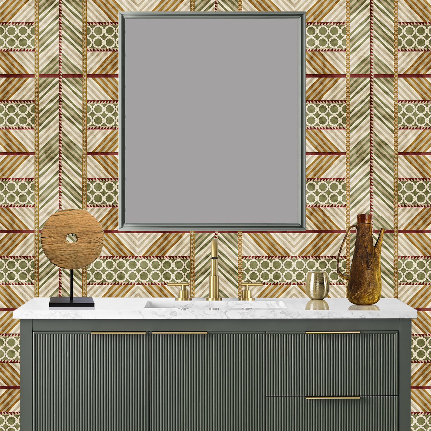 The artwork is a geometric composition featuring a symmetrical design dominated by diagonal stripes in shades of tan, rust and green. The central area is divided into four quadrants by two intersecting dark purple bands. Each quadrant contains diagonal stripes that create a chevron pattern, alternating between lavender and green hues. Vertical bands with circular motifs in black frame the central quadrants on the left and right sides. The outer edges are decorated with semicircular and triangular shapes, adding contrast with bold green and white patterns.The interplay of pastel colors and geometric forms gives the artwork a structured yet visually engaging appearance.