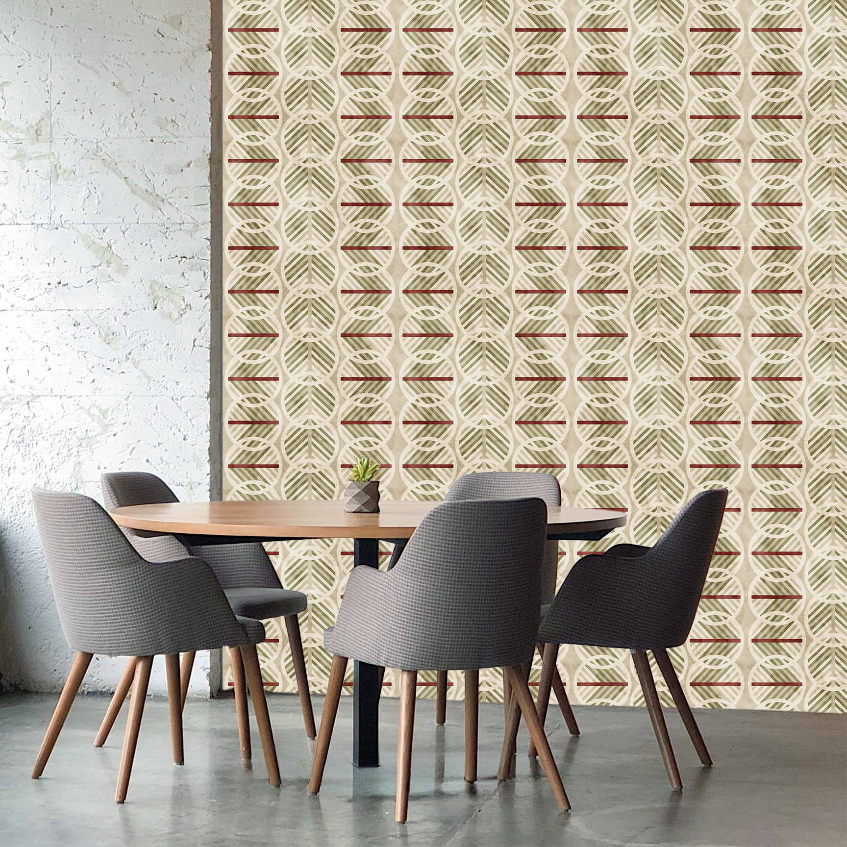 The artwork is a geometric composition featuring a symmetrical design dominated by diagonal stripes in shades of tan, rust and green. The central area is divided into four quadrants by two intersecting dark purple bands. Each quadrant contains diagonal stripes that create a chevron pattern, alternating between lavender and green hues. Vertical bands with circular motifs in black frame the central quadrants on the left and right sides. The outer edges are decorated with semicircular and triangular shapes, adding contrast with bold green and white patterns.The interplay of pastel colors and geometric forms gives the artwork a structured yet visually engaging appearance.