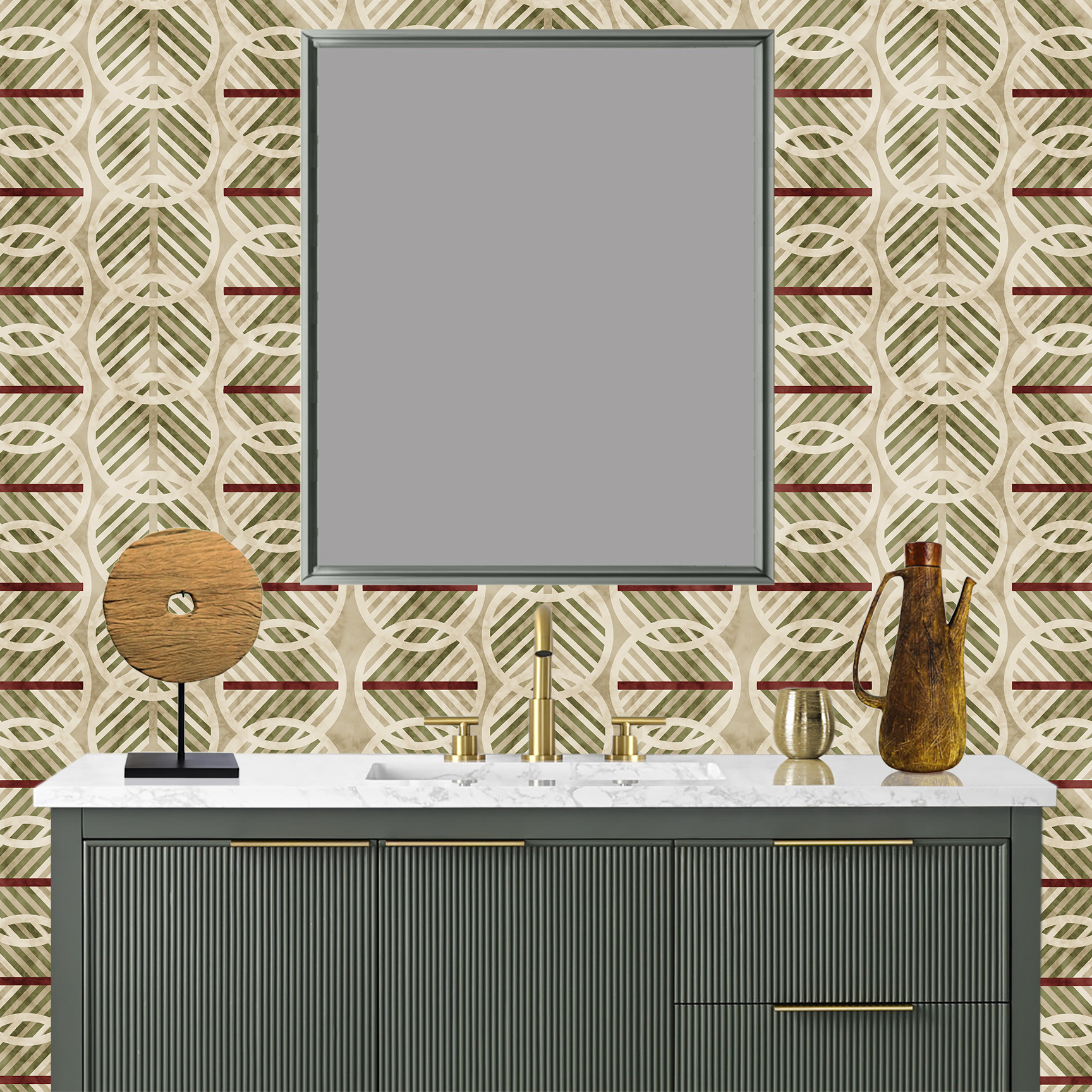 The artwork is a geometric composition featuring a symmetrical design dominated by diagonal stripes in shades of tan, rust and green. The central area is divided into four quadrants by two intersecting dark purple bands. Each quadrant contains diagonal stripes that create a chevron pattern, alternating between lavender and green hues. Vertical bands with circular motifs in black frame the central quadrants on the left and right sides. The outer edges are decorated with semicircular and triangular shapes, adding contrast with bold green and white patterns.The interplay of pastel colors and geometric forms gives the artwork a structured yet visually engaging appearance.