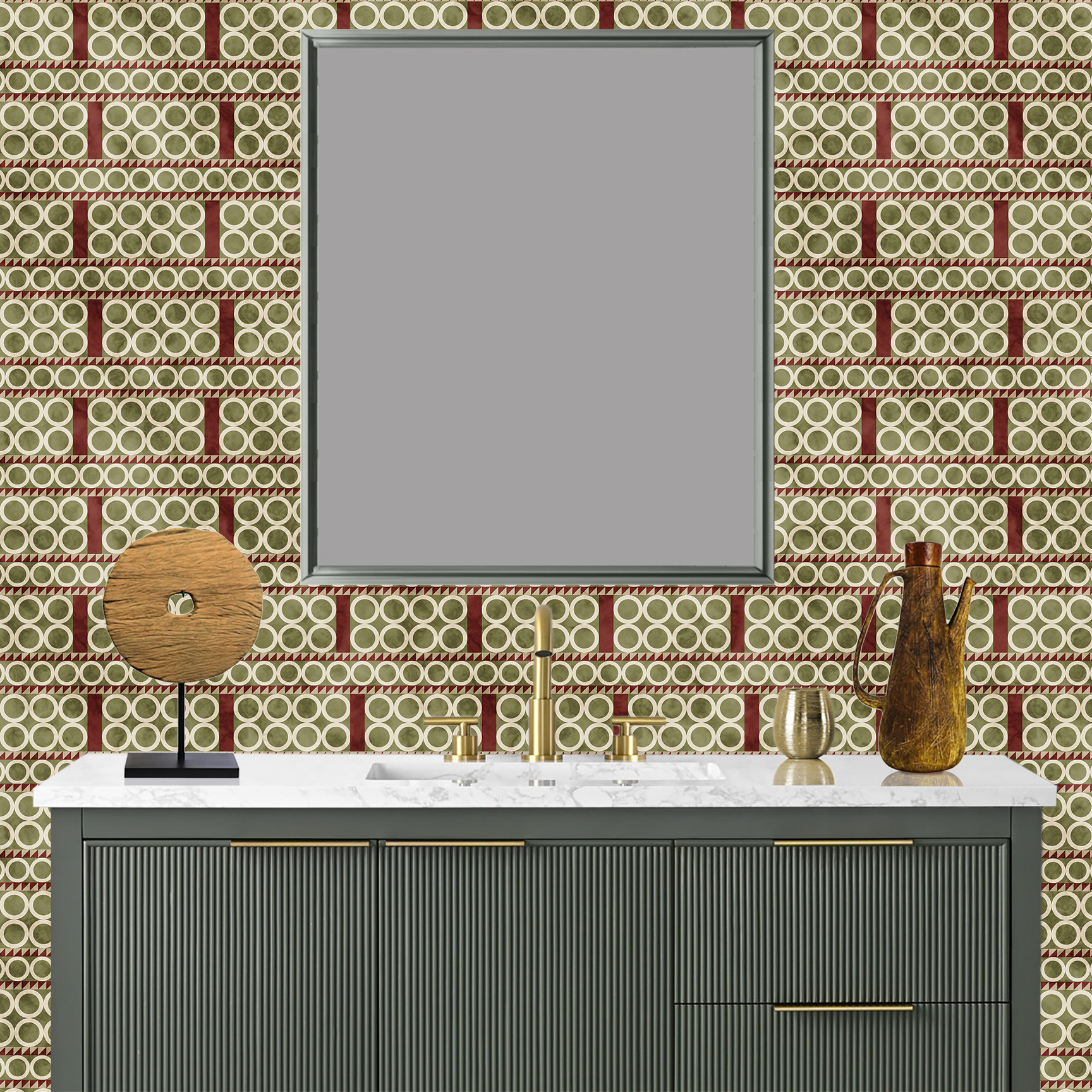 The artwork is a geometric composition featuring a symmetrical design dominated by diagonal stripes in shades of tan, rust and green. The central area is divided into four quadrants by two intersecting dark purple bands. Each quadrant contains diagonal stripes that create a chevron pattern, alternating between lavender and green hues. Vertical bands with circular motifs in black frame the central quadrants on the left and right sides. The outer edges are decorated with semicircular and triangular shapes, adding contrast with bold green and white patterns.The interplay of pastel colors and geometric forms gives the artwork a structured yet visually engaging appearance.