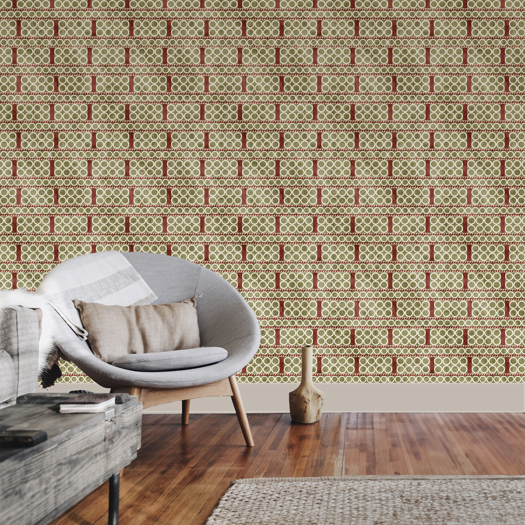 The artwork is a geometric composition featuring a symmetrical design dominated by diagonal stripes in shades of tan, rust and green. The central area is divided into four quadrants by two intersecting dark purple bands. Each quadrant contains diagonal stripes that create a chevron pattern, alternating between lavender and green hues. Vertical bands with circular motifs in black frame the central quadrants on the left and right sides. The outer edges are decorated with semicircular and triangular shapes, adding contrast with bold green and white patterns.The interplay of pastel colors and geometric forms gives the artwork a structured yet visually engaging appearance.