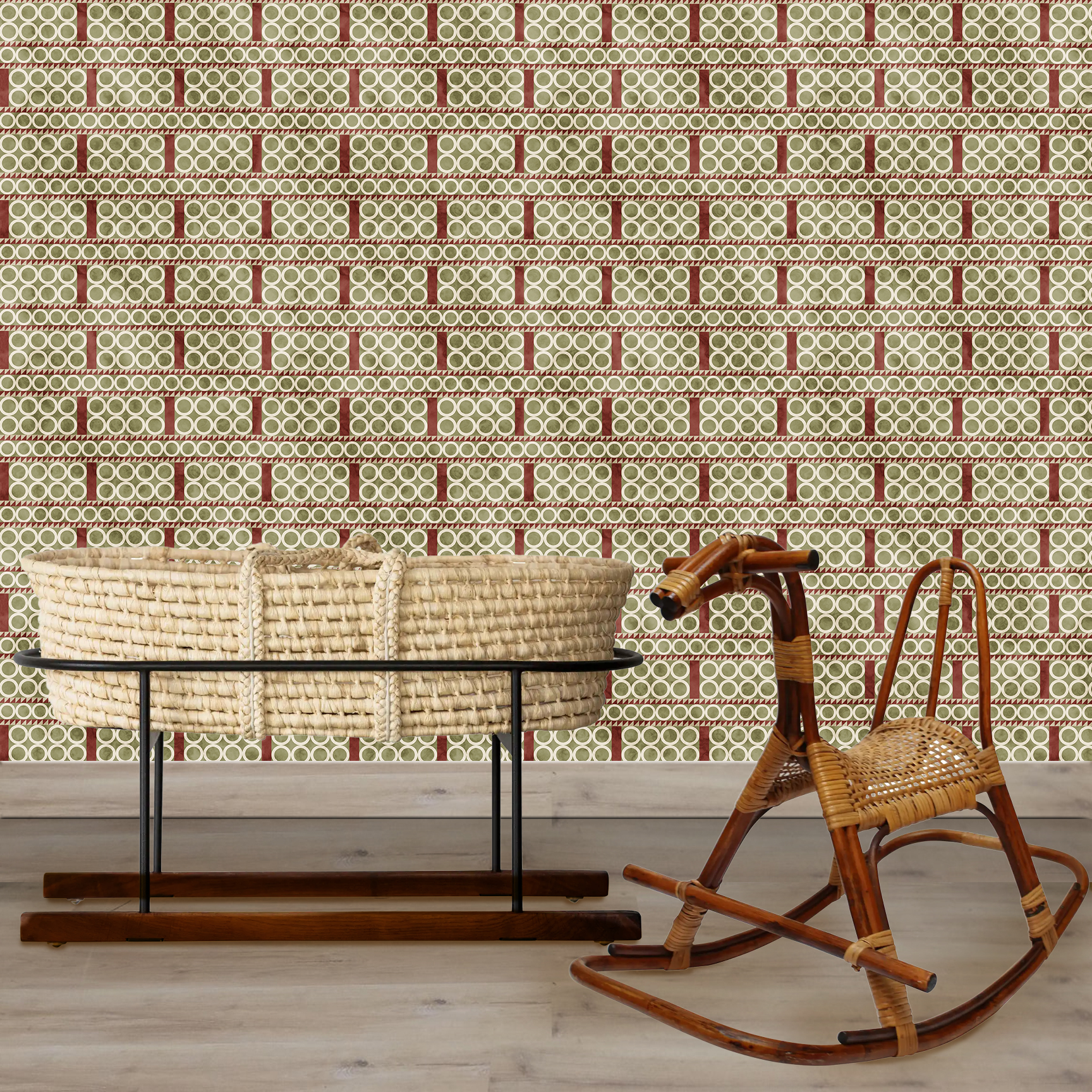 The artwork is a geometric composition featuring a symmetrical design dominated by diagonal stripes in shades of tan, rust and green. The central area is divided into four quadrants by two intersecting dark purple bands. Each quadrant contains diagonal stripes that create a chevron pattern, alternating between lavender and green hues. Vertical bands with circular motifs in black frame the central quadrants on the left and right sides. The outer edges are decorated with semicircular and triangular shapes, adding contrast with bold green and white patterns.The interplay of pastel colors and geometric forms gives the artwork a structured yet visually engaging appearance.