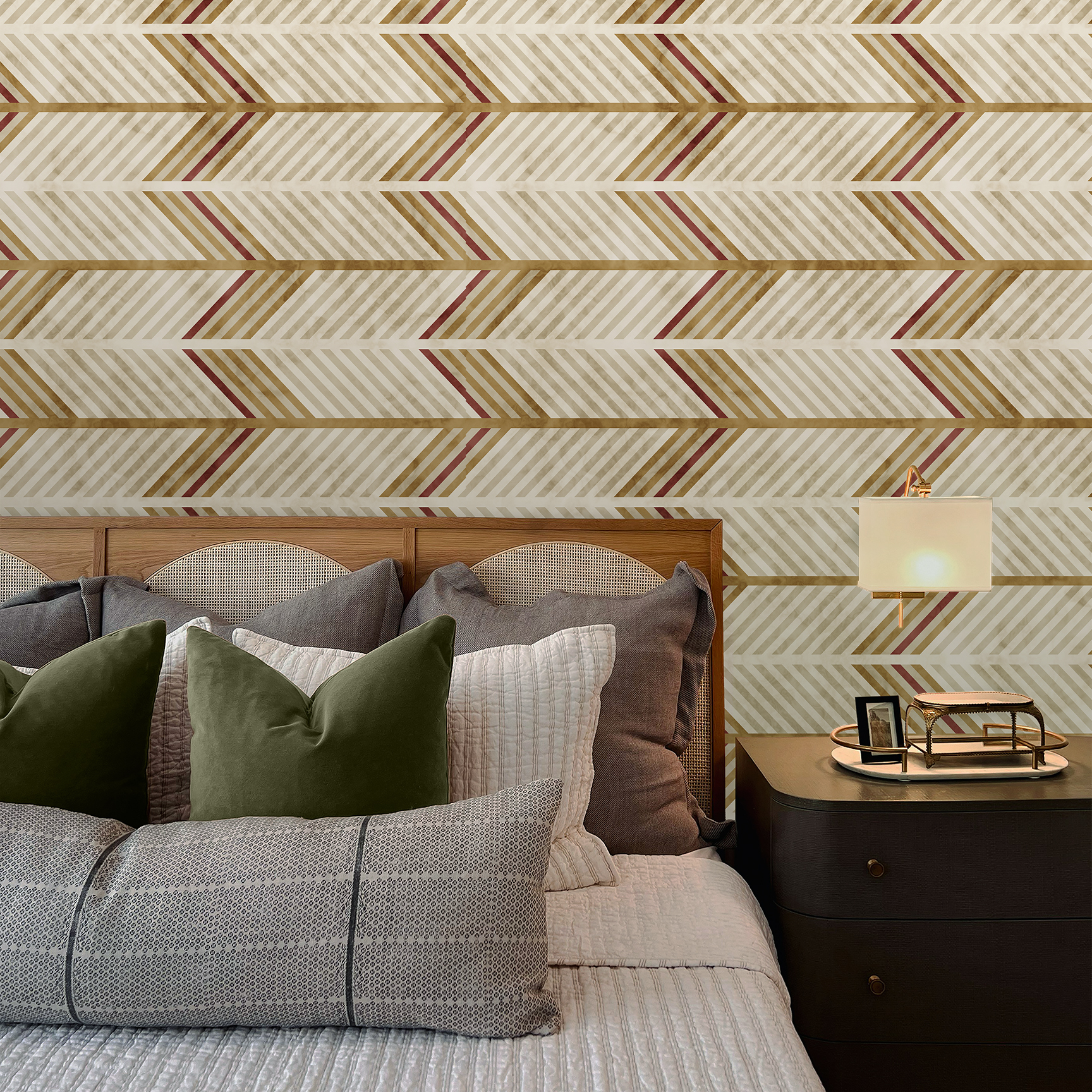 The artwork is a geometric composition featuring a symmetrical design dominated by diagonal stripes in shades of tan, rust and green. The central area is divided into four quadrants by two intersecting dark purple bands. Each quadrant contains diagonal stripes that create a chevron pattern, alternating between lavender and green hues. Vertical bands with circular motifs in black frame the central quadrants on the left and right sides. The outer edges are decorated with semicircular and triangular shapes, adding contrast with bold green and white patterns.The interplay of pastel colors and geometric forms gives the artwork a structured yet visually engaging appearance..