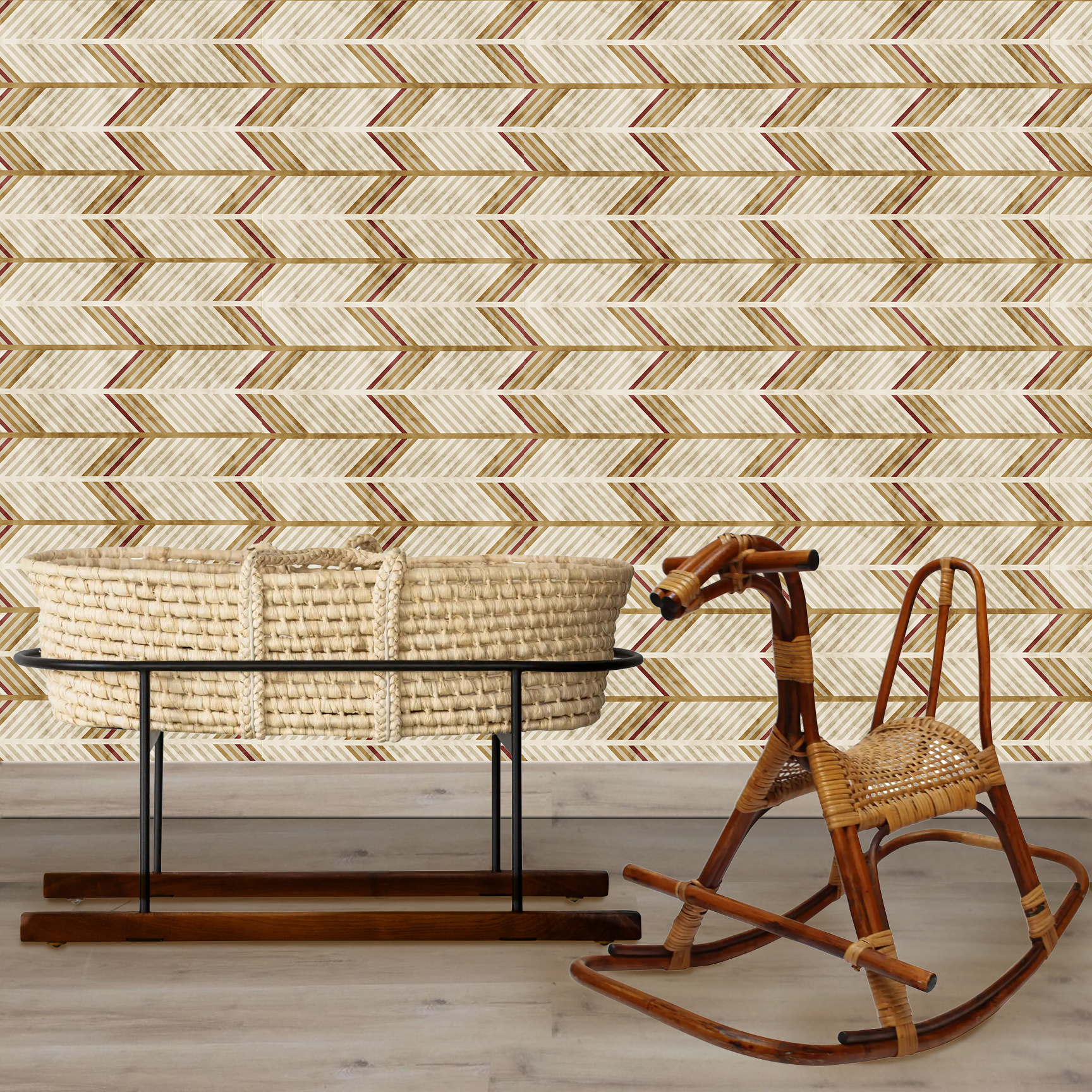 The artwork is a geometric composition featuring a symmetrical design dominated by diagonal stripes in shades of tan, rust and green. The central area is divided into four quadrants by two intersecting dark purple bands. Each quadrant contains diagonal stripes that create a chevron pattern, alternating between lavender and green hues. Vertical bands with circular motifs in black frame the central quadrants on the left and right sides. The outer edges are decorated with semicircular and triangular shapes, adding contrast with bold green and white patterns.The interplay of pastel colors and geometric forms gives the artwork a structured yet visually engaging appearance.