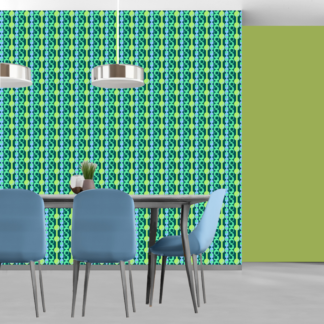 The artwork features a repeating geometric pattern of symmetrical shapes resembling elongated, curved diamonds or petals in various shades of blue and green. Each shape is split vertically with one half filled with a light blue and the other half filled with green or darker blue. The background is a light, almost pastel blue, which provides a soft yet vibrant backdrop. One of the blue shapes near the upper left contains a white starburst element, adding a focal point of brightness to the composition. The overall design conveys a modern, mid-century aesthetic with clean lines and harmonious color contrasts.