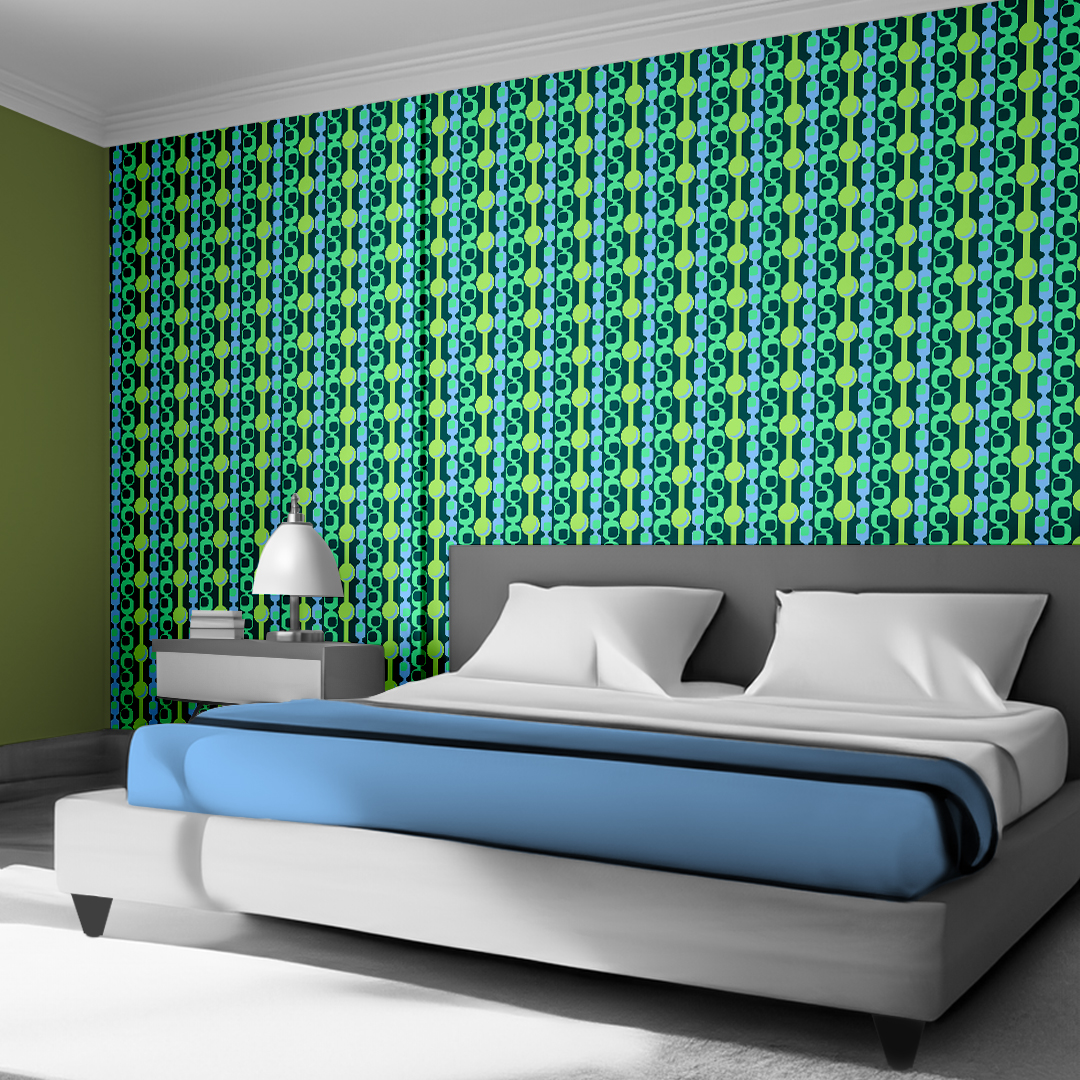 The artwork features a repeating geometric pattern of symmetrical shapes resembling elongated, curved diamonds or petals in various shades of blue and green. Each shape is split vertically with one half filled with a light blue and the other half filled with green or darker blue. The background is a light, almost pastel blue, which provides a soft yet vibrant backdrop. One of the blue shapes near the upper left contains a white starburst element, adding a focal point of brightness to the composition. The overall design conveys a modern, mid-century aesthetic with clean lines and harmonious color contrasts.