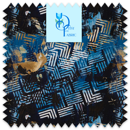 Swooping blue Art Deco design over a pin stripe backdrop with blue accents.
