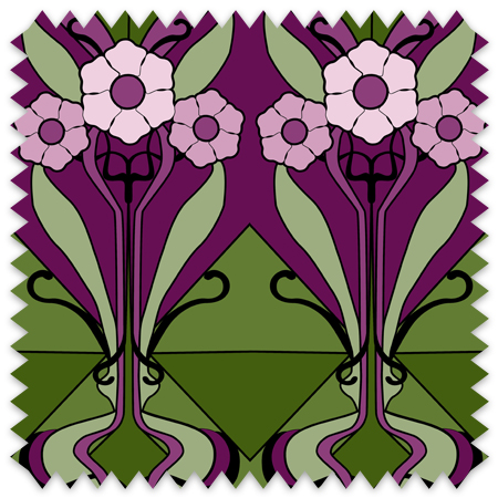 The artwork is a symmetrical, stylized floral design featuring two identical bouquets of flowers. Each bouquet consists of six-petaled flowers in soft pink shades with dark purple centers. The flowers rest on tall, slender stems that extend from intertwined, sweeping lines at the base, colored in muted purples and greens. The background includes geometric shapes in deep purple and olive green, creating a strong contrast with the floral elements. Black, curving lines accentuate the stems and add a decorative flourish, enhancing the overall elegance and balance of the composition.