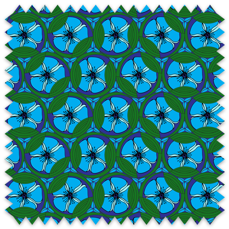 The artwork is a symmetrical, repeating pattern featuring stylized blue flowers with black stamens at the center of each bloom. Each flower is surrounded by four sets of green leaves, arranged in pairs, creating an interlocking design. The background of the pattern is a deep blue, which contrasts with the lighter blue petals and the rich green leaves. The overall effect is a vibrant and harmonious botanical design with a strong sense of rhythm and balance.