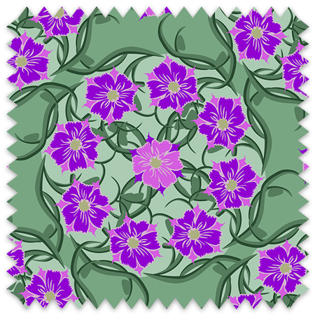 The artwork is a symmetrical, circular design featuring vibrant fuchsia flowers with detailed petals and a darker fuchsia center. The flowers are evenly spaced around the composition, with one lighter purple flower in the center. Dark green vines and broad leaves intertwine throughout the piece, creating a sense of movement and balance. The background is a muted green, enhancing the contrast and prominence of the flowers and foliage. The design has a harmonious and decorative quality, combining natural floral elements with a structured geometric arrangement.