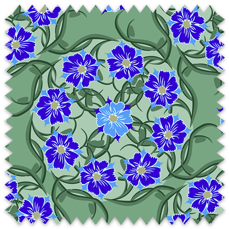 The artwork is a symmetrical, circular design featuring vibrant indigo flowers with detailed petals and a darker indigo center. The flowers are evenly spaced around the composition, with one lighter purple flower in the center. Dark green vines and broad leaves intertwine throughout the piece, creating a sense of movement and balance. The background is a muted green, enhancing the contrast and prominence of the flowers and foliage. The design has a harmonious and decorative quality, combining natural floral elements with a structured geometric arrangement.