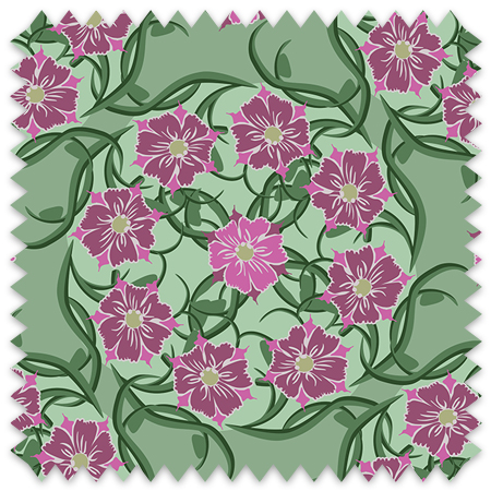 The artwork is a symmetrical, circular design featuring vibrant muave flowers with detailed petals and a darker muave center. The flowers are evenly spaced around the composition, with one lighter purple flower in the center. Dark green vines and broad leaves intertwine throughout the piece, creating a sense of movement and balance. The background is a muted green, enhancing the contrast and prominence of the flowers and foliage. The design has a harmonious and decorative quality, combining natural floral elements with a structured geometric arrangement.