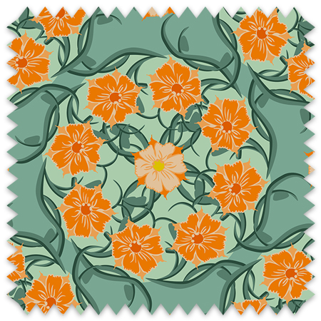 The artwork is a symmetrical, circular design featuring vibrant orange flowers with detailed petals and a darker orange center. The flowers are evenly spaced around the composition, with one lighter purple flower in the center. Dark green vines and broad leaves intertwine throughout the piece, creating a sense of movement and balance. The background is a muted green, enhancing the contrast and prominence of the flowers and foliage. The design has a harmonious and decorative quality, combining natural floral elements with a structured geometric arrangement.