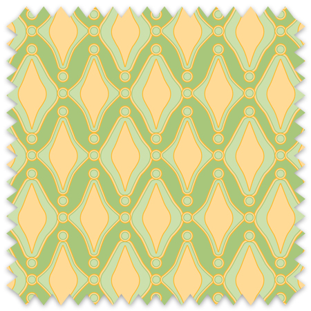 The artwork is a repeating geometric pattern consisting of diamond-shaped motifs arranged in vertical rows. The diamonds have soft, rounded contours and are colored in a warm, light peach hue. Surrounding each diamond is a delicate border in a light green shade, which interconnects the shapes in a lattice-like design. Small circular elements in peach are positioned at the intersections of the lattice framework, adding visual interest and rhythm to the composition. The overall effect is a balanced, harmonious pattern with a retro or mid-century modern aesthetic.