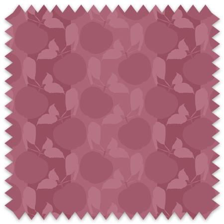 The artwork is a textile or fabric sample with a repeating pattern of apples, and Leaves. The entire design is rendered in different shades of muted reddish-pink, creating a monochromatic effect.  The apples are round and prominent, surrounded by simple, stylized leaves and butterflies, creating a harmonious and nature-inspired motif. The arrangement is dense, ensuring no empty spaces, which gives the fabric a rich and textured visual appeal.