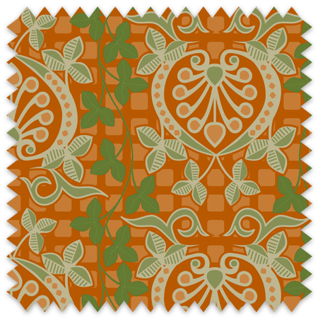 Pomegranate is a seamless repeating pattern featuring stylized heart-shaped floral motifs. Each motif has a central symmetrical design with curling tendrils and small circular shapes radiating from a rounded base. Surrounding these heart-shaped forms are pale green leaves and vines that interlock smoothly, creating an intricate lattice effect. The background is a deep blue, enriched by a subtle checkerboard texture that adds depth and contrast. The overall composition is balanced and harmonious, with elegant curves and a vintage aesthetic reminiscent of traditional textile designs. The dominant colors are dark blue, olive green, and muted beige, highlighting the natural and ornamental qualities of the pattern.