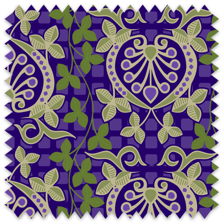 Pomegranate is a seamless repeating pattern featuring stylized heart-shaped floral motifs. Each motif has a central symmetrical design with curling tendrils and small circular shapes radiating from a rounded base. Surrounding these heart-shaped forms are pale green leaves and vines that interlock smoothly, creating an intricate lattice effect. The background is a deep blue, enriched by a subtle checkerboard texture that adds depth and contrast. The overall composition is balanced and harmonious, with elegant curves and a vintage aesthetic reminiscent of traditional textile designs. The dominant colors are dark blue, olive green, and muted beige, highlighting the natural and ornamental qualities of the pattern.