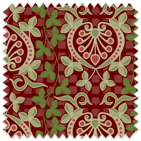 Pomegranate is a seamless repeating pattern featuring stylized heart-shaped floral motifs. Each motif has a central symmetrical design with curling tendrils and small circular shapes radiating from a rounded base. Surrounding these heart-shaped forms are pale green leaves and vines that interlock smoothly, creating an intricate lattice effect. The background is a deep blue, enriched by a subtle checkerboard texture that adds depth and contrast. The overall composition is balanced and harmonious, with elegant curves and a vintage aesthetic reminiscent of traditional textile designs. The dominant colors are dark blue, olive green, and muted beige, highlighting the natural and ornamental qualities of the pattern.