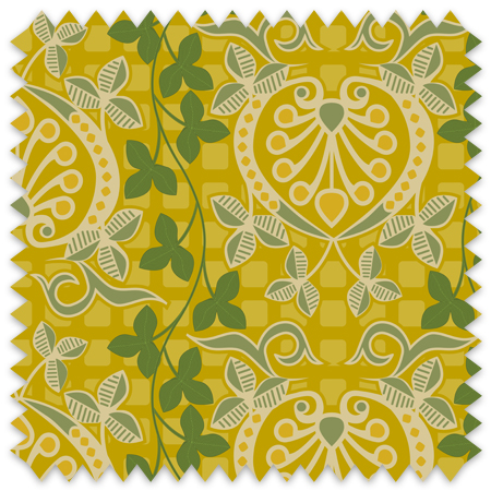 Pomegranate is a seamless repeating pattern featuring stylized heart-shaped floral motifs. Each motif has a central symmetrical design with curling tendrils and small circular shapes radiating from a rounded base. Surrounding these heart-shaped forms are pale green leaves and vines that interlock smoothly, creating an intricate lattice effect. The background is a deep blue, enriched by a subtle checkerboard texture that adds depth and contrast. The overall composition is balanced and harmonious, with elegant curves and a vintage aesthetic reminiscent of traditional textile designs. The dominant colors are dark blue, olive green, and muted beige, highlighting the natural and ornamental qualities of the pattern.