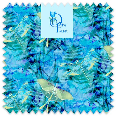 A Luna moth with a dragonfly over a marbled background with fern shapes.