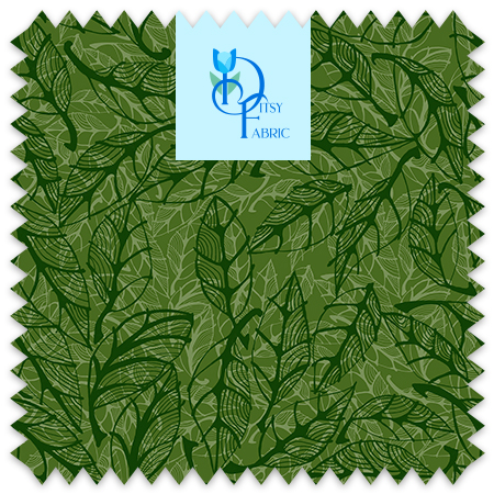 Lineart Eliptical Leaves Birch Cherry Beech in Olive Green.