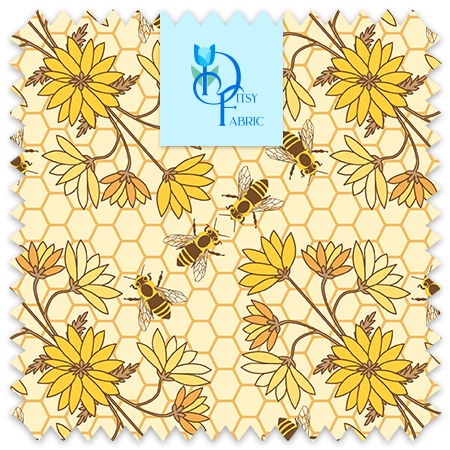 Yellow daisy motif over a light honeycomb pattern with honey bees.