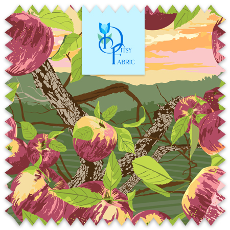 The artwork is a vibrant and stylized depiction of a peach tree with multiple ripe peaches hanging from its branches. The peaches are rendered in shades of pink, purple, and cream, with green leaves surrounding them. The tree trunks and branches are detailed with textured bark in shades of brown. The background features a layered landscape in green hues with a sunset sky colored in gradients of orange, pink, and yellow.