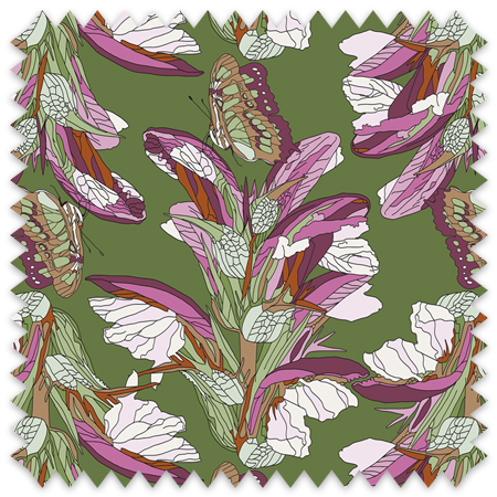 The artwork is a detailed, stylized pattern featuring butterflies and flowers. The background is an olive green color that contrasts with the dominant purples, pinks, and whites of the flowers. The flowers have elongated petals with intricate vein details, while the butterflies display delicate, patterned wings in shades of brown, pink, and beige. The composition is repeated seamlessly, creating a harmonious and balanced design with a natural, botanical theme.