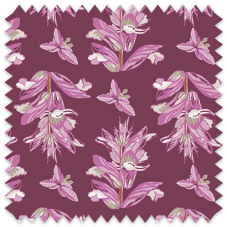 The artwork features a repeating pattern of large, stylized flowers and leaves in shades of pink and lavender against a rich plum background. The flowers have elongated petals and leaves with intricate vein details, while the butterflies exhibit delicate wing shapes with matching color tones. Soft white floral accents complement the design, creating a harmonious and elegant botanical motif.