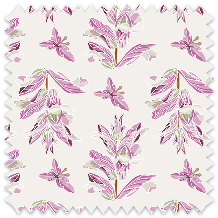 The artwork features a repeating pattern of large, stylized flowers and leaves in shades of pink and lavender against a deicalte pink background. The flowers have elongated petals and leaves with intricate vein details, while the butterflies exhibit delicate wing shapes with matching color tones. Soft white floral accents complement the design, creating a harmonious and elegant botanical motif. 