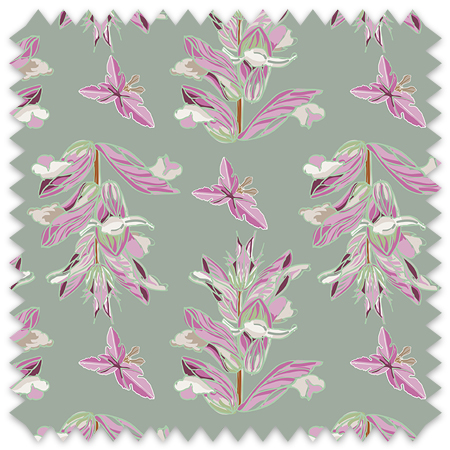 The artwork features a repeating pattern of large, stylized flowers and leaves in shades of pink and lavender against a rich sage background. The flowers have elongated petals and leaves with intricate vein details, while the butterflies exhibit delicate wing shapes with matching color tones. Soft white floral accents complement the design, creating a harmonious and elegant botanical motif. 