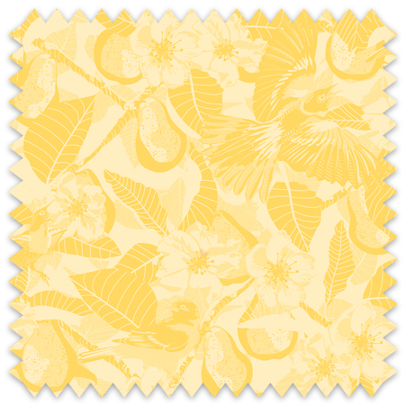 The artwork showcases a vibrant and detailed pattern featuring three orange and black birds set against a backdrop of yellow pears, green leaves, and white blossoms. The birds are depicted in different poses: one perched on a branch, one in mid-flight with wings spread, and another near a pear. The rich colors and intricate details of the feathers, fruits, and flowers create a lively and harmonious composition. The overall style combines naturalistic elements with a decorative, repeating design, highlighting the beauty of nature with emphasis on bold contrasts and vivid hues. This version featurers a limited color palette.