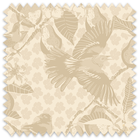 The artwork showcases a vibrant and detailed pattern featuring three orange and black birds set against a backdrop of yellow pears, green leaves, and white blossoms. The birds are depicted in different poses: one perched on a branch, one in mid-flight with wings spread, and another near a pear. The rich colors and intricate details of the feathers, fruits, and flowers create a lively and harmonious composition. The overall style combines naturalistic elements with a decorative, repeating design, highlighting the beauty of nature with emphasis on bold contrasts and vivid hues.