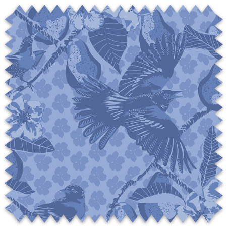 The artwork showcases a vibrant and detailed pattern featuring three orange and black birds set against a backdrop of yellow pears, green leaves, and white blossoms. The birds are depicted in different poses: one perched on a branch, one in mid-flight with wings spread, and another near a pear. The rich colors and intricate details of the feathers, fruits, and flowers create a lively and harmonious composition. The overall style combines naturalistic elements with a decorative, repeating design, highlighting the beauty of nature with emphasis on bold contrasts and vivid hues.