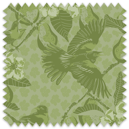 The artwork is a repeating pattern of willow branches with slender green leaves and small, light yellow-green seed pod set against a pale textured background. The branches hang vertically, creating a cascading effect. The color palette is composed of various shades of green and soft yellow tones, giving the piece a natural, calming, and organic feel. 