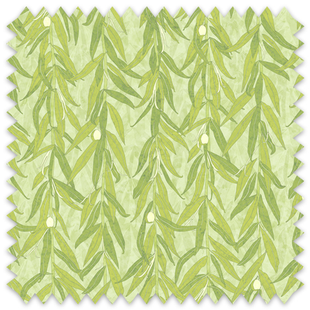 The artwork is a repeating pattern of willow branches with slender green leaves and small, light yellow-green seed pod set against a pale textured background. The branches hang vertically, creating a cascading effect. The color palette is composed of various shades of green and soft yellow tones, giving the piece a natural, calming, and organic feel. 