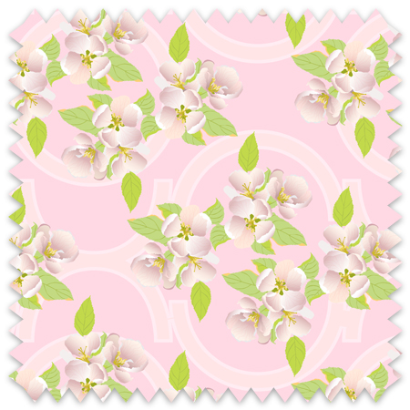 The artwork is a floral pattern showcasing delicate white and light pink blossoms with yellow stamens, complemented by vibrant green leaves. The flowers and leaves are distributed evenly across a soft pink background, which features subtle, pale geometric shapes that add depth without overpowering the organic floral elements.  The composition blends a gentle pastel color scheme with natural motifs, creating a light, fresh, and elegant aesthetic.