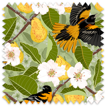 The artwork showcases a vibrant and detailed pattern featuring three orange and black birds set against a backdrop of yellow pears, green leaves, and white blossoms. The birds are depicted in different poses: one perched on a branch, one in mid-flight with wings spread, and another near a pear. The rich colors and intricate details of the feathers, fruits, and flowers create a lively and harmonious composition. The overall style combines naturalistic elements with a decorative, repeating design, highlighting the beauty of nature with emphasis on bold contrasts and vivid hues. This version featurers a limited color palette.