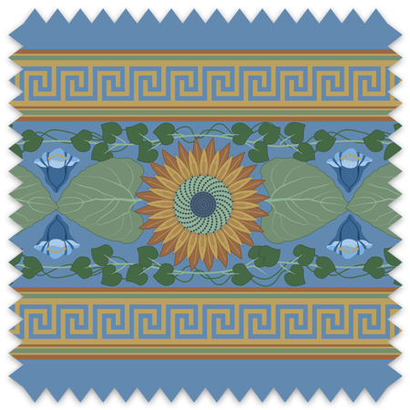 The artwork is a decorative pattern featuring a central sunflower with brown petals and a green and blue spiraled center. Surrounding the sunflower are large green leaves and a symmetric arrangement of blue flowers with rounded petals. Green vines with heart-shaped leaves intertwine around the floral elements. The design is bordered at the top and bottom by horizontal bands of Greek key motifs in gold on a blue background. The overall color palette includes shades of blue, green, brown, and gold, creating a harmonious and balanced composition. 