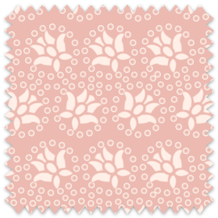 The artwork is a textile design featuring a repeating floral pattern. The primary motif consists of stylized flowers with layered petals arranged in a radial formation, rendered in a soft off-white color. These floral forms are evenly spaced on a muted pink background. Surrounding each flower are small circular shapes, also in off-white, distributed in clusters to create a sense of texture and rhythm throughout the design. The overall effect is delicate, feminine, and harmonious, emphasizing simplicity and repetition.