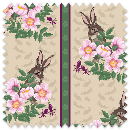 The artwork depicts a stylized brown hare partially concealed behind a cluster of green leaves and pink flowers with yellow centers. The background is dark green with subtle leafy patterns. Two vertical stripes—one dark purple and one green with small floral motifs—run along the left side, contrasting with the otherwise naturalistic elements. The composition balances the lively flora and fauna with a decorative, patterned design.