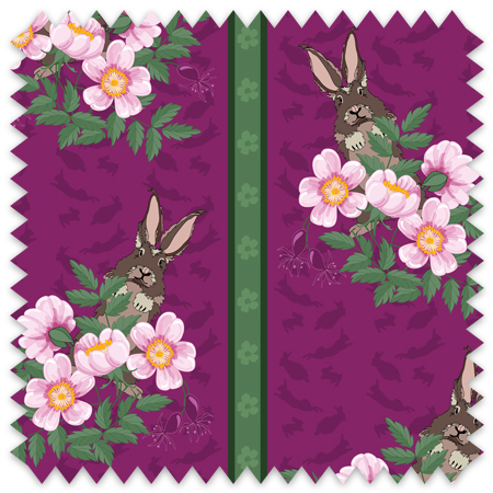 The artwork depicts a stylized brown hare partially concealed behind a cluster of green leaves and pink flowers with yellow centers. The background is dark green with subtle leafy patterns. Two vertical stripes—one dark purple and one green with small floral motifs—run along the left side, contrasting with the otherwise naturalistic elements. The composition balances the lively flora and fauna with a decorative, patterned design.
