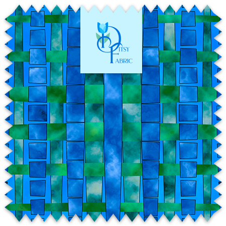 Swooping blue Art Deco design over a pin stripe backdrop with blue accents.