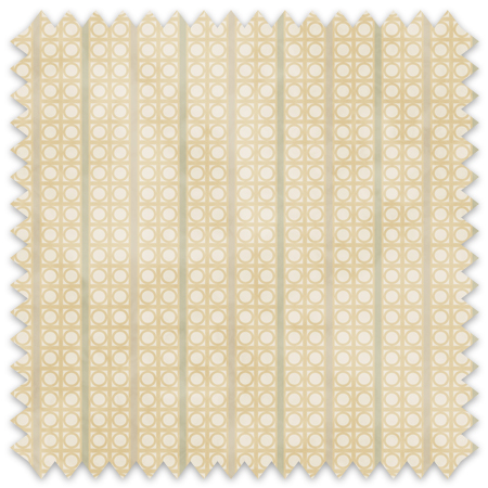 The artwork is a geometric composition featuring a symmetrical design dominated by diagonal stripes in shades of tan, rust and green. The central area is divided into four quadrants by two intersecting dark purple bands. Each quadrant contains diagonal stripes that create a chevron pattern, alternating between lavender and green hues. Vertical bands with circular motifs in black frame the central quadrants on the left and right sides. The outer edges are decorated with semicircular and triangular shapes, adding contrast with bold green and white patterns.The interplay of pastel colors and geometric forms gives the artwork a structured yet visually engaging appearance.