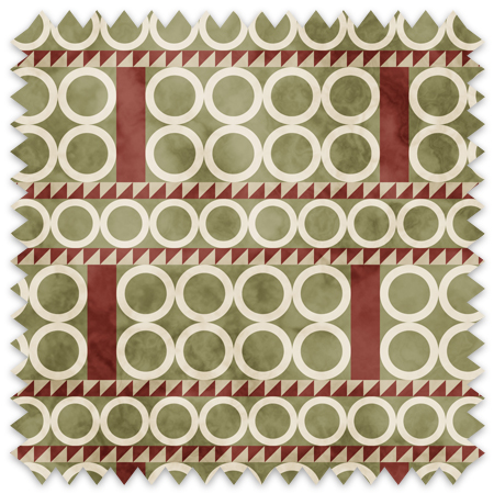 The artwork is a geometric composition featuring a symmetrical design dominated by diagonal stripes in shades of tan, rust and green. The central area is divided into four quadrants by two intersecting dark purple bands. Each quadrant contains diagonal stripes that create a chevron pattern, alternating between lavender and green hues. Vertical bands with circular motifs in black frame the central quadrants on the left and right sides. The outer edges are decorated with semicircular and triangular shapes, adding contrast with bold green and white patterns.The interplay of pastel colors and geometric forms gives the artwork a structured yet visually engaging appearance.