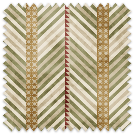 The artwork is a geometric composition featuring a symmetrical design dominated by diagonal stripes in shades of tan, rust and green. The central area is divided into four quadrants by two intersecting dark purple bands. Each quadrant contains diagonal stripes that create a chevron pattern, alternating between lavender and green hues. Vertical bands with circular motifs in black frame the central quadrants on the left and right sides. The outer edges are decorated with semicircular and triangular shapes, adding contrast with bold green and white patterns.The interplay of pastel colors and geometric forms gives the artwork a structured yet visually engaging appearance.