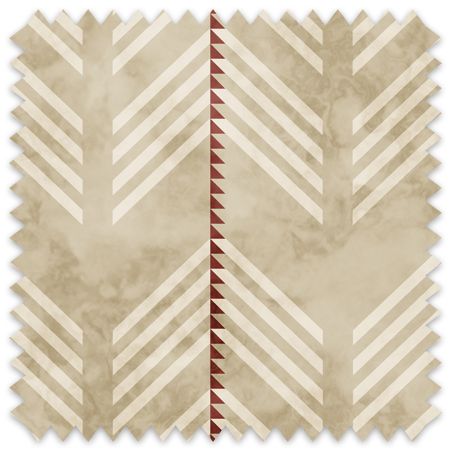 The artwork is a geometric composition featuring a symmetrical design dominated by diagonal stripes in shades of tan, rust and green. The central area is divided into four quadrants by two intersecting dark purple bands. Each quadrant contains diagonal stripes that create a chevron pattern, alternating between lavender and green hues. Vertical bands with circular motifs in black frame the central quadrants on the left and right sides. The outer edges are decorated with semicircular and triangular shapes, adding contrast with bold green and white patterns.The interplay of pastel colors and geometric forms gives the artwork a structured yet visually engaging appearance.